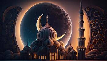 incroyable architecture conception de musulman mosquée, croissant lune et étoiles, Ramadan mubarak concept, génératif ai. photo