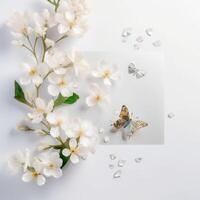 Haut vue 3d fond d'écran, blanc Cerise fleurs avec branches ayant brillant lumière Couleur incroyablement détaillé papillons. ai génératif. photo