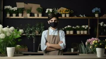 portrait de fleuriste adolescent garçon portant masque dans le sien floral boutique, génératif ai. photo