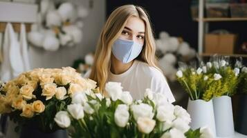 portrait de américain adolescent fille fleuriste portant masque dans sa floral boutique, génératif ai. photo