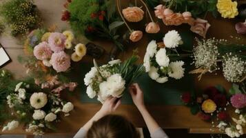 Haut vue fermer de femelle fleuriste fabrication magnifique bouquet à planche table dans fleur boutique, génératif ai. photo