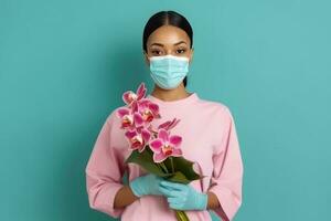 portrait de africain Jeune femme portant masque et en portant magnifique orchidée bouquet, génératif ai. photo