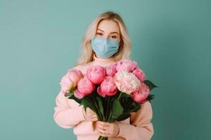 portrait de Jeune femme portant masque et en portant magnifique pivoine bouquet, génératif ai. photo