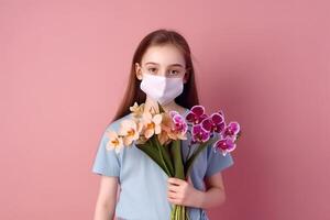 portrait de adolescent fille portant masque et en portant orchidée fleurs, génératif ai. photo