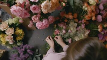 Haut vue fermer de femelle fleuriste création bouquet avec magnifique fleurs à lieu de travail, génératif ai. photo