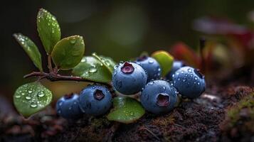 une captivant photographier cette surligner unique Contexte de Frais choisi myrtilles branche avec l'eau gouttelettes, établi par génératif ai technologie. photo