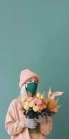 portrait de Jeune fille portant de laine tissu avec masque, en portant magnifique bouquet. génératif ai. photo