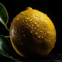 frappant la photographie de Jaune mûr citron avec feuilles et l'eau gouttes sur foncé arrière-plan, génératif ai. photo