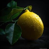 frappant la photographie de juteux citron avec l'eau gouttes sur foncé arrière-plan, génératif ai. photo