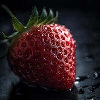 frappant la photographie de juteux fraise sur foncé Contexte. génératif ai. photo