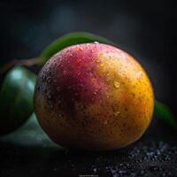 frappant la photographie de délicieux mûr alphonse mangue avec l'eau gouttes et vert feuilles sur foncé Contexte. génératif ai. photo