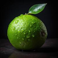 frappant la photographie de vert citron avec l'eau gouttes sur foncé arrière-plan, génératif ai. photo