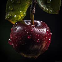 frappant la photographie de délicieux rouge Cerise avec l'eau gouttes sur foncé arrière-plan, génératif ai. photo