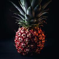 frappant la photographie de délicieux mûr ananas sur foncé arrière-plan, génératif ai. photo