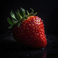 frappant la photographie de juteux fraise sur foncé Contexte. génératif ai. photo