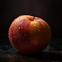 frappant la photographie de délicieux rouge Pomme avec l'eau gouttes sur foncé arrière-plan, génératif ai. photo