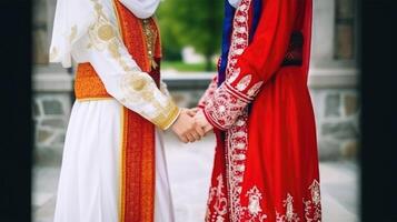 amical ou décontractée poignée de main entre multiculturel asiatique femmes dans leur traditionnel tenues. génératif ai. photo