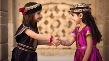 réaliste portrait de mignonne islamique les filles tremblement mains à mosquée sur Festival de eid moubarak. génératif ai. photo