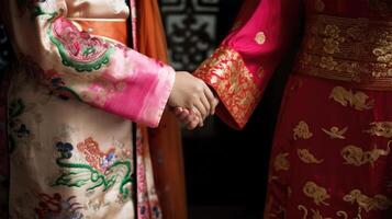 amical ou décontractée poignée de main entre multiculturel asiatique femmes dans leur traditionnel tenues. génératif ai. photo