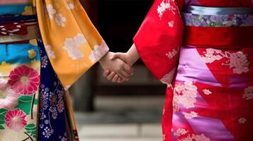 amical ou décontractée poignée de main entre multiculturel asiatique femmes dans leur traditionnel tenues. génératif ai. photo