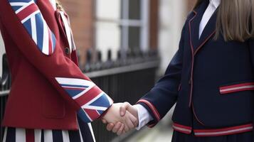 amical ou décontractée poignée de main entre Britanique femmes dans leur traditionnel tenues. génératif ai. photo