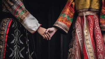 amical ou décontractée poignée de main entre indonésien femmes dans leur traditionnel tenues. génératif ai. photo