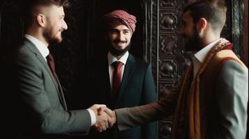 affaires poignée de main entre deux arabe homme. proche en haut sur noir Contexte. génératif ai. photo