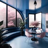 futuriste intérieur style salon, moderne confortable vivant pièce avec monochrome rougir. ai génératif. photo