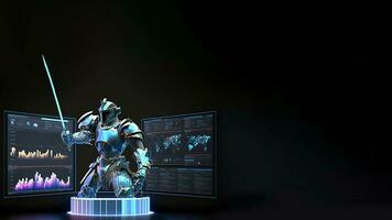 une cyborg en portant une futuriste épée, holographique écran sur foncé Contexte et copie espace. génératif ai. photo