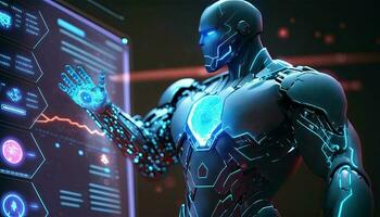 cyborg en fonctionnement information sur hologramme écran montrant gros données. artificiel intelligence et machine apprentissage processus génératif ai illustration. photo