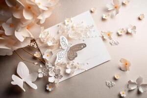 Haut vue de unique papier artisanat ou décoration avec fleur fleurs et papillon sur brillant beige Contexte. génératif ai illustration. photo