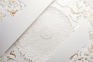 Haut vue de blanc et d'or luxe mariage invitation carte, moquer en haut modèle pour conception ou produit placement établi en utilisant génératif ai. photo