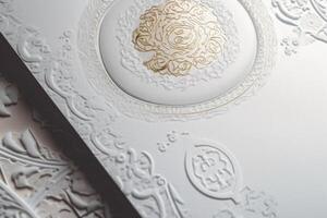 Haut vue de blanc et d'or luxe invitation carte, moquer en haut modèle pour conception ou produit placement établi en utilisant génératif ai. photo