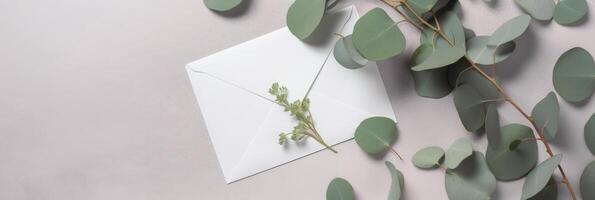 Haut vue de Vide blanc invitation carte avec eucalyptus feuilles . moquer en haut bannière pour conception ou produit placement établi en utilisant génératif ai. photo