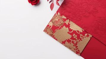 Haut vue de d'or et rouge luxe invitation carte pour mariage concept. génératif ai. photo