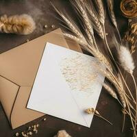 Haut vue de vide blanc papier avec ree bifurquer, feuilles sur violet Contexte pour l'automne ou mariage carte conception. génératif ai. photo