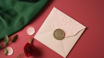 Haut vue de d'or joint invitation carte avec Rose fleur sur vert et rouge soie Contexte et copie espace. génératif ai illustration. photo