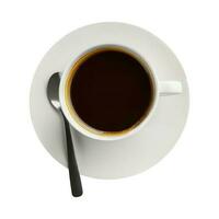 aérien vue de noir thé ou café tasse avec cuillère et blanc soucoupe 3d icône. photo