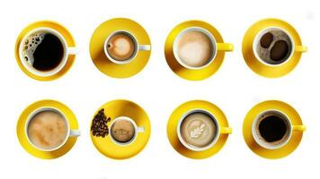 aérien vue de café tasse assortiment avec forme signe collection. 3d rendre. photo