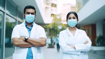 Jeune Masculin et femelle médical professionnels portant masques à hôpital dehors, génératif ai. photo