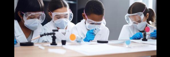 fermer portrait de les enfants scientifiques portant sécurité des lunettes et Faire expériences dans le laboratoire, génératif ai. photo