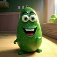 Pixar style fou rire concombre 3d personnage à brillant cuisine pièce . numérique illustration. photo