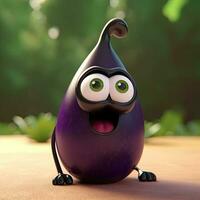 Pixar style fou rire aubergine 3d personnage sur brillant la nature Contexte. numérique illustration. photo