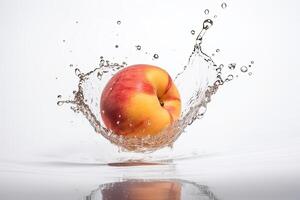 Frais pêche fruit chute dans milieu l'eau contre blanc Contexte. nourriture lévitation, génératif ai. photo