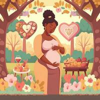 portrait de africain Enceinte femme en portant cœur forme, délicieux nourriture sur jardin Contexte. concept de grossesse, la parentalité, les mères journée. établi par génératif ai technologie. photo