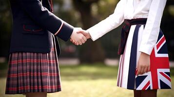 tondu image de amical ou décontractée poignée de main entre Britanique femmes dans leur traditionnel. photo