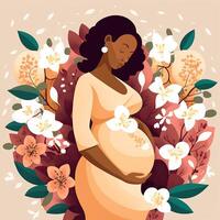portrait de africain Enceinte femme émouvant sa ventre, floral décoré sur Contexte. concept de grossesse, la parentalité, les mères journée. établi par génératif ai technologie. photo