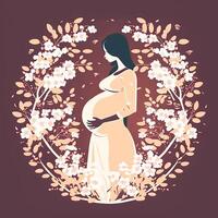 portrait de Enceinte femme émouvant sa ventre, floral décoré sur Contexte. concept de grossesse, la parentalité, les mères journée. établi par génératif ai technologie. photo