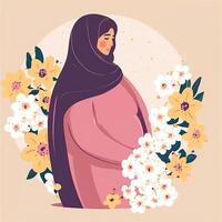 illustration de arabe Enceinte femme dans traditionnel tenue et floral décoré sur Contexte. concept de grossesse, la parentalité, les mères journée. établi par génératif ai technologie. photo