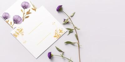 Haut vue de invitation carte avec floral gaufrage maquette, génératif ai. photo